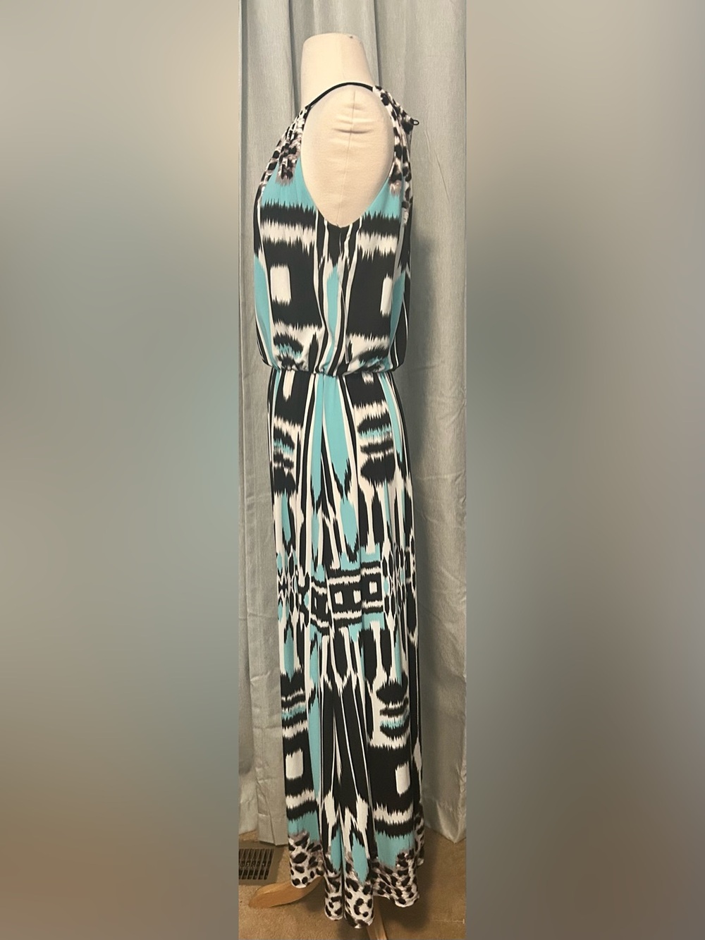 London Style Collection Aqua Black, White & Aqua Printed Halter Maxi Dress - Picture 3 of 10